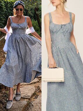 Reformation Balia Dress Slate Check Blue White Gingham Linen Midi Size 12